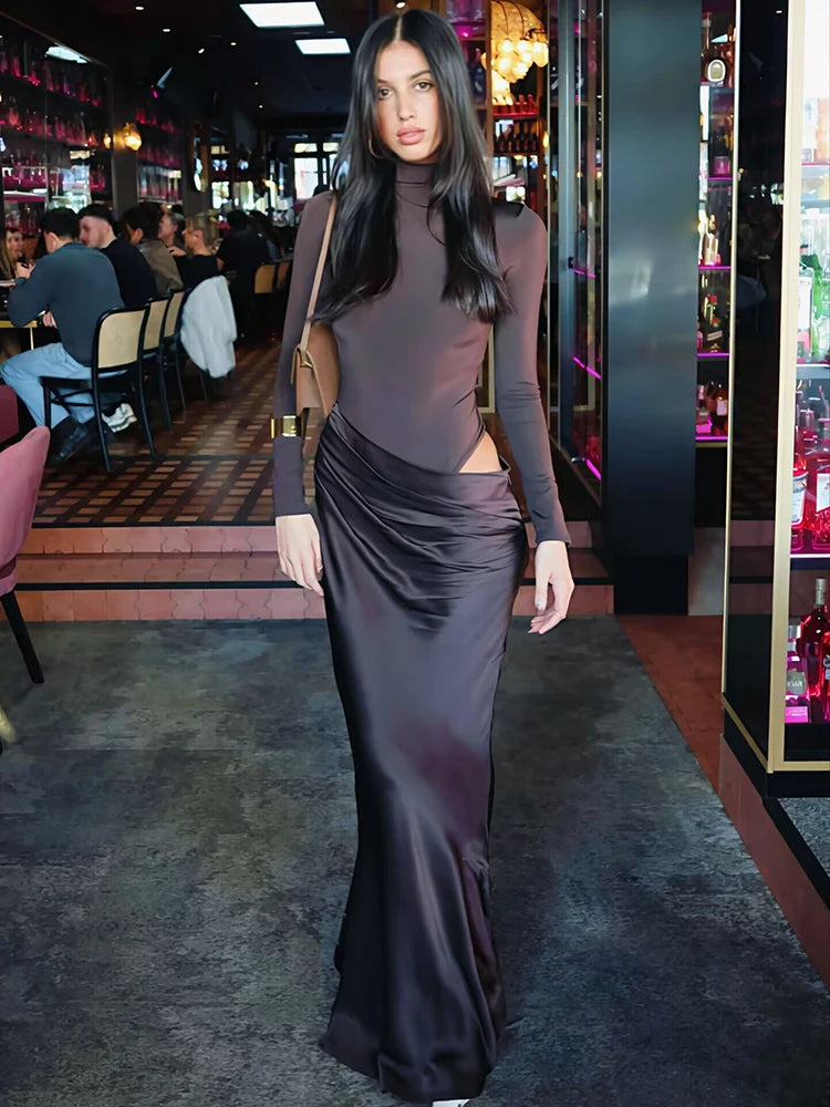 Mozision Autumn Long Sleeve Sexy Maxi Dress Women Fashion Hollow Out Turtleneck Ruched Bodycon Club Party Long Dresses Female