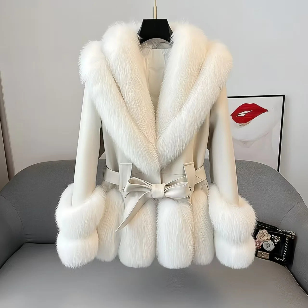 Faux Fur Coat for Women,Adjustable Waist Leather Jacket,Turn-down Collar, Thick Warm Clothes, High Quality, Autumn and Winter