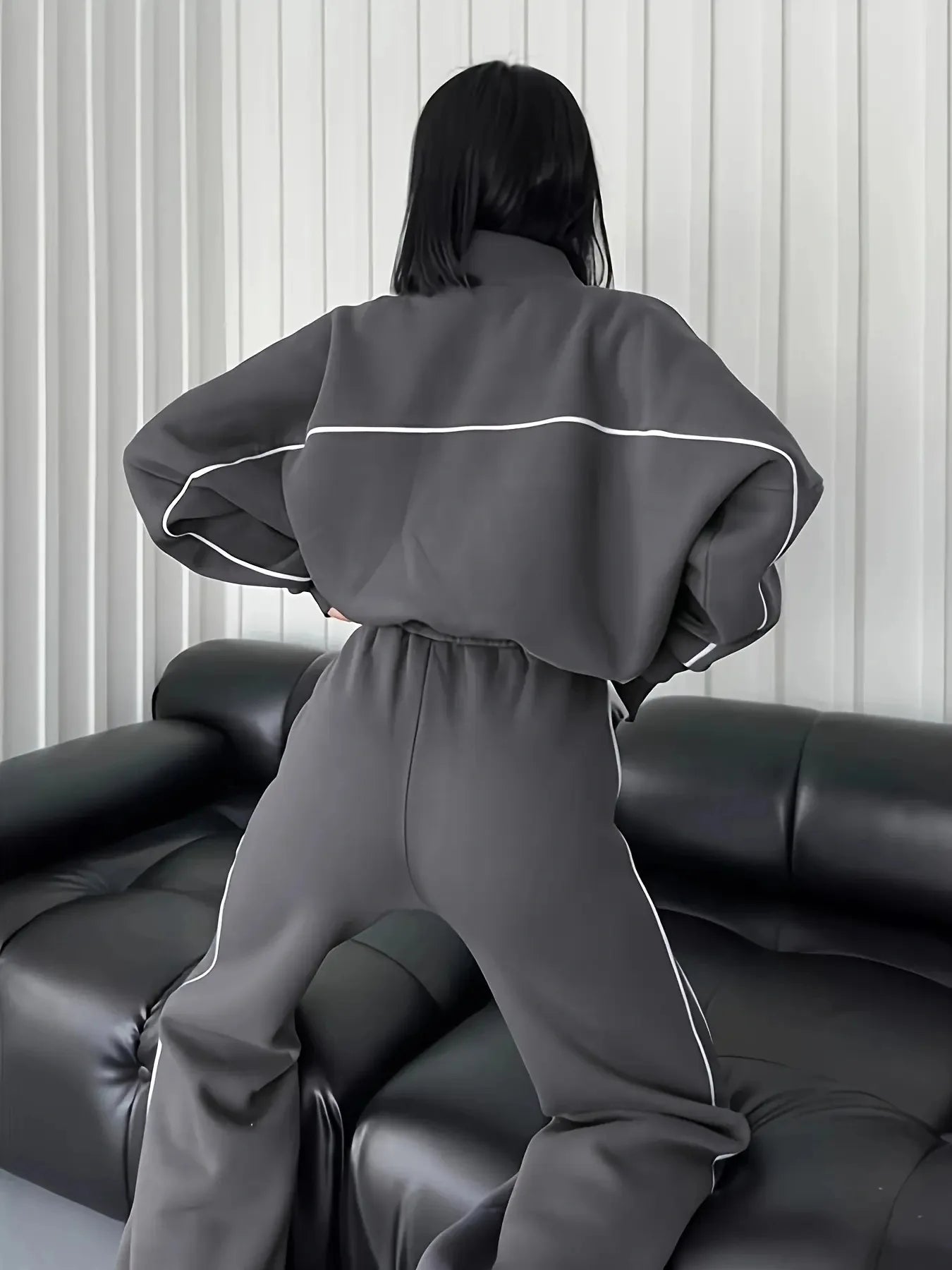 Cotton-Polyester Knit Cardigan Set With Tailored Wide-Leg Trousers — Cream | KIMLUD