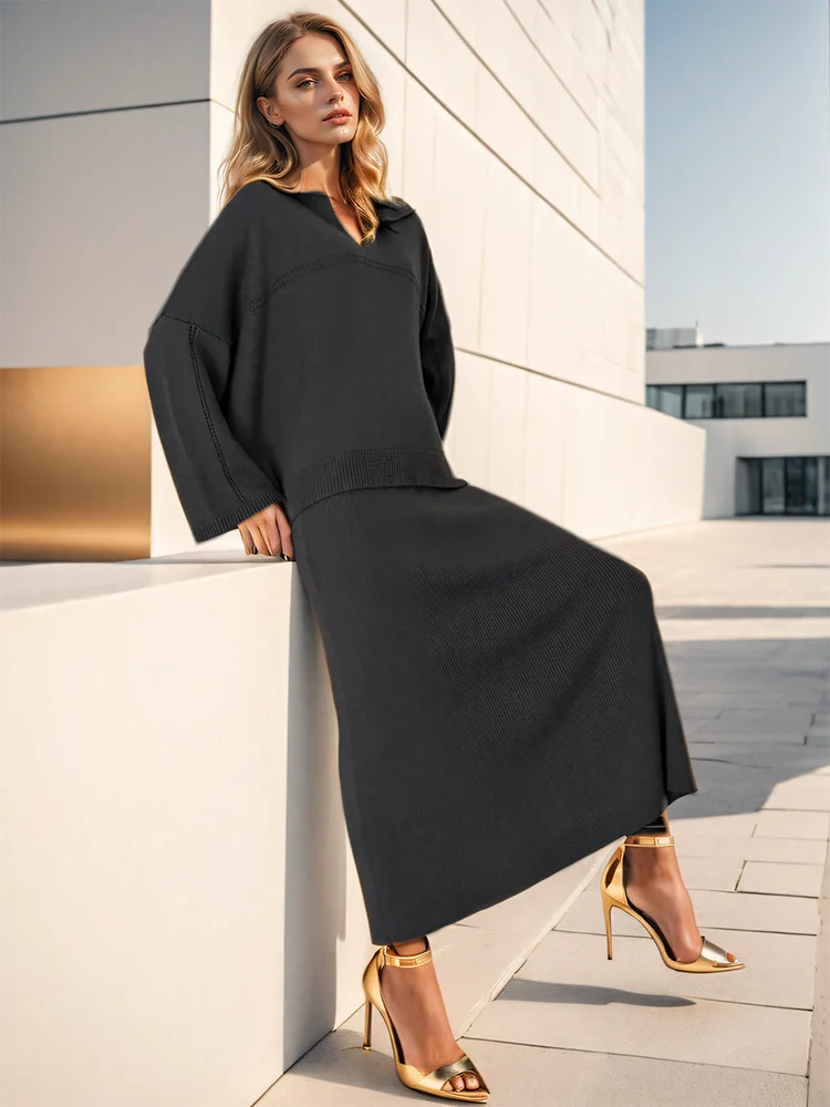 DEAT Fashion Women's 2 Pcs Set V-neck Loose Fit Long Sleeves Sweater High Waist Ankle-length Skirt Suit Autumn 2024 New 7AB4889 - KIMLUD
