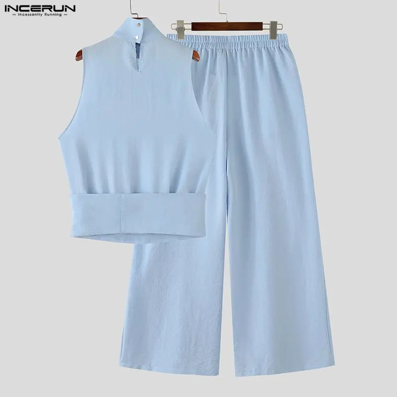 Sleek Polyester Solid Two-Piece Set — Blue | KIMLUD