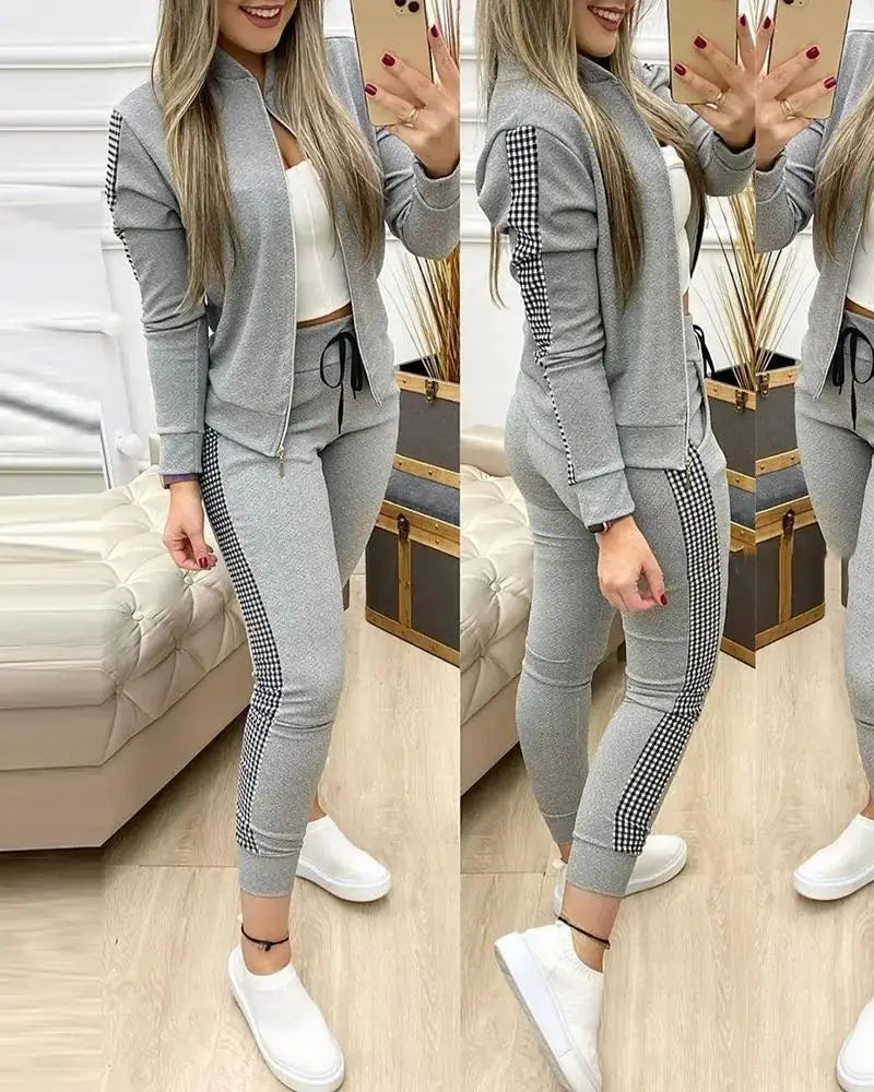 Sport Plaid Patchwork Long Sve Set Women's Casual Sportswear Polyester Fabric Zipper Closure Long Pants Two-Piece Set