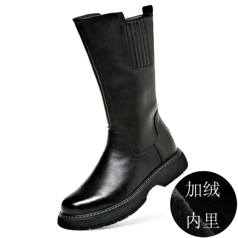 KIMLUD, Long Boots Men's High Barrel Genuine Leather Knight Thick Sole Vintage High Top Denim Martin Soft Leather Plush Elevated Horse, KIMLUD Womens Clothes