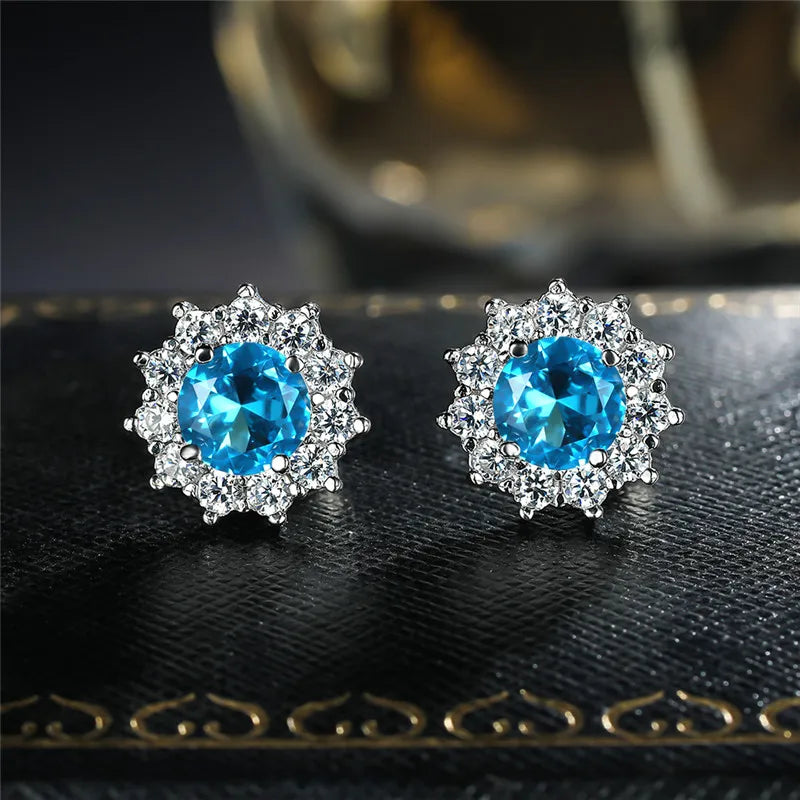 Copper Stud Earrings Round Cubic Zirconia — Water Blue | KIMLUD