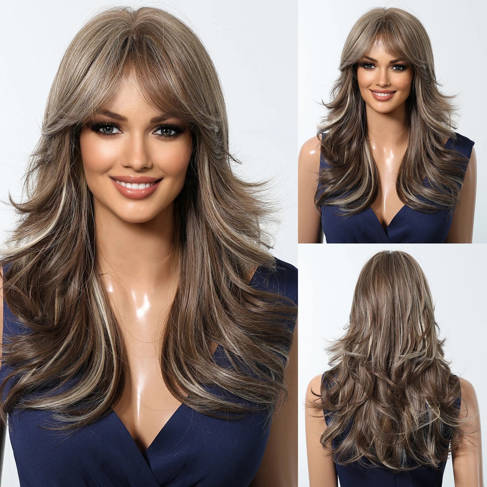 Wig – Medium-Length Layered Straight Bangs – Synthetic Hair – Grey | KIMLUD