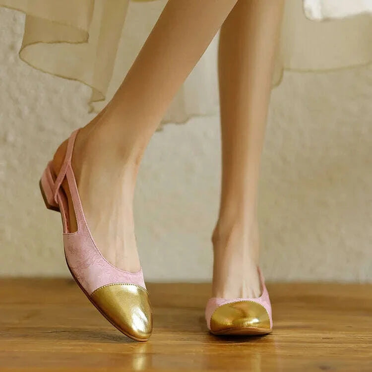 KIMLUD, Pink Silk Shallow Women Flats Gold Leather Mixed Slingback Casual Sandals Embroidery Silver Lady Moccasins Femininos Zapatos, KIMLUD Womens Clothes