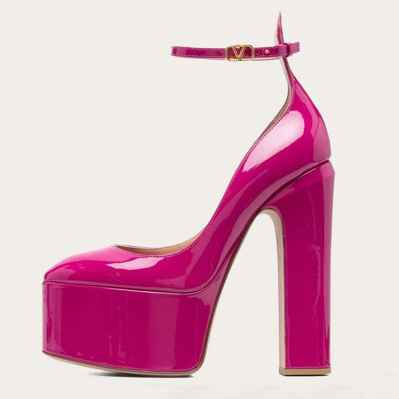 Women New European And American Style Super High Heels Patent Leather Round Toe Thick Sole Large Size Thick Heel Shoes