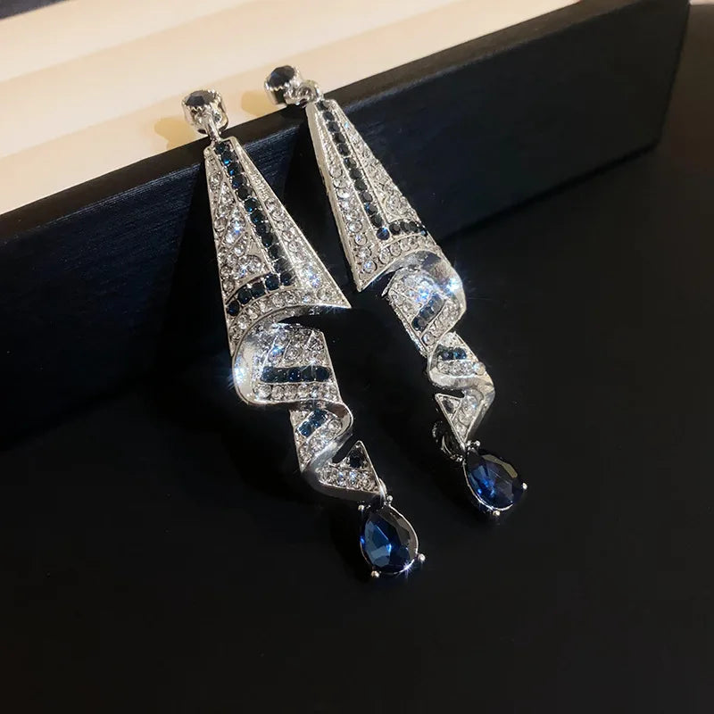 Crystal Water Drop Clip Earrings Round Rhinestones — Vintage Blue | KIMLUD