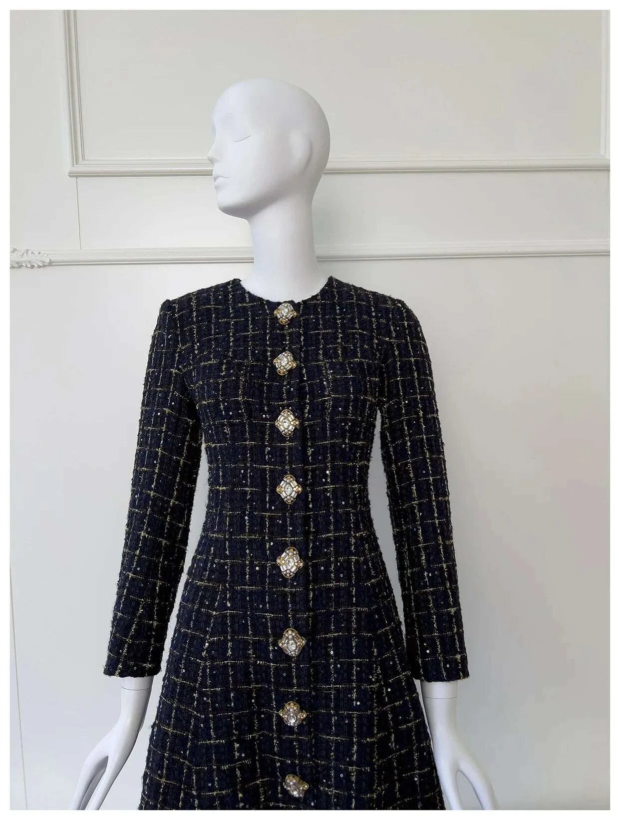 KIMLUD, IEQJ Fashion Autumn Winter Evening Dress Women O-Neck Long Sleeves Single-breasted Zipper Cotton Tweed Umbrella Dresses New, KIMLUD Womens Clothes