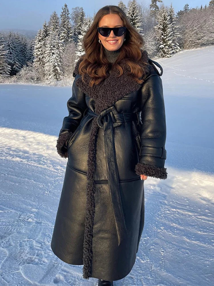 Vintage Patchwork Fur Leather Coats Women Lapel Lace Up Long Sleeve Thicken Warm Jacket 2025 Winter Lady New Streetwear Overcoat