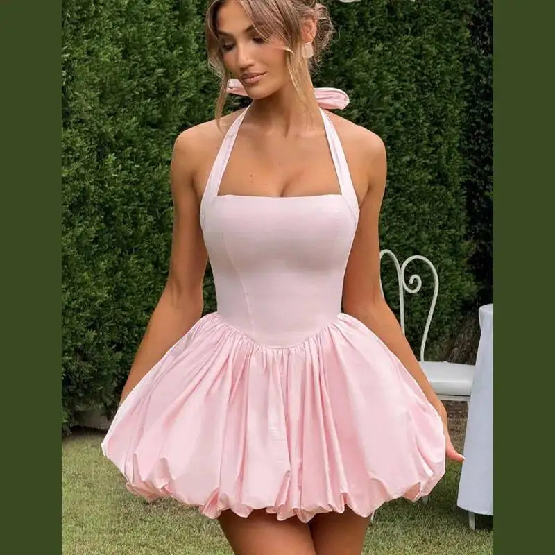 Elegant Pink Backless Pleated Lace-Up Halter Mini Dress Women Off Shoulder Sleeve Puff Hem A-Line Dresses Summer Lady Partywear