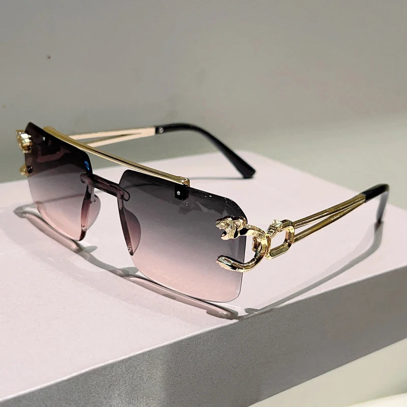 Rimless Sunglasses Square With Gradient Brown-To-Amber Lenses And Adjustable Nose Pads — Black | KIMLUD