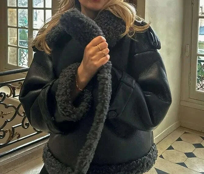 KIMLUD, Faux Fur Leather Long Jacket Women Lapel Long Sleeve Belt Thicken Female Coats Winter Fashion Street Patchwork Lady Outwear, KIMLUD Womens Clothes