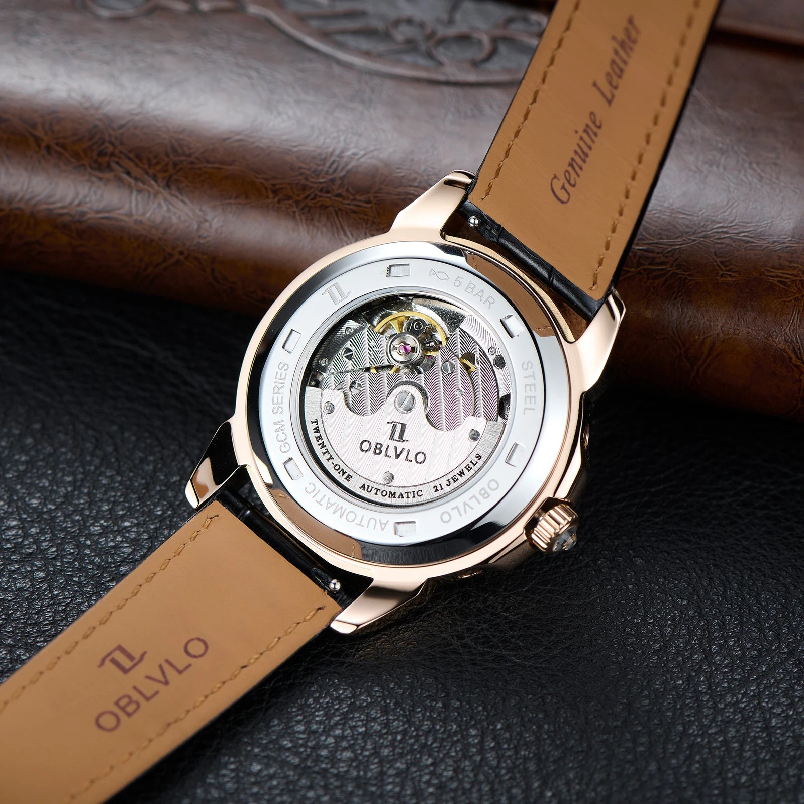 Moonphase Diamond Bezel Automatic Watch With White Dial Leather Strap — Rose Gold | KIMLUD