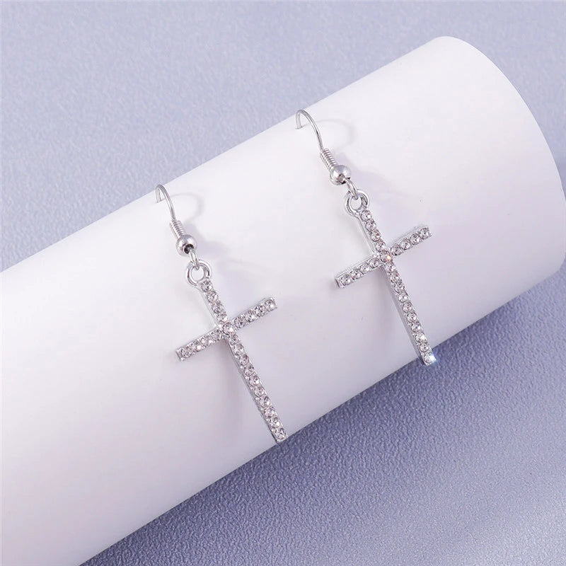 Silver-Tone Cross Earrings Zircon Crystal Dangle — Silver | KIMLUD