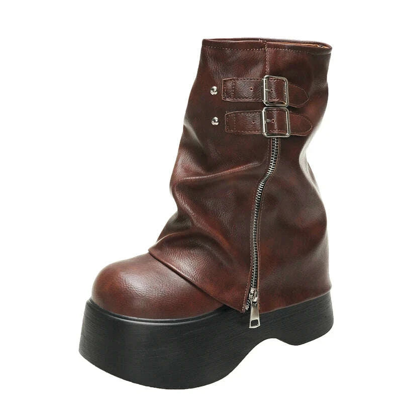 Soft Leather Ankle Mid Calf Boots Winter Autumn High Platform Wedge British  Booties Woman New Ladies Chunky Motorcycle Boots 9CM