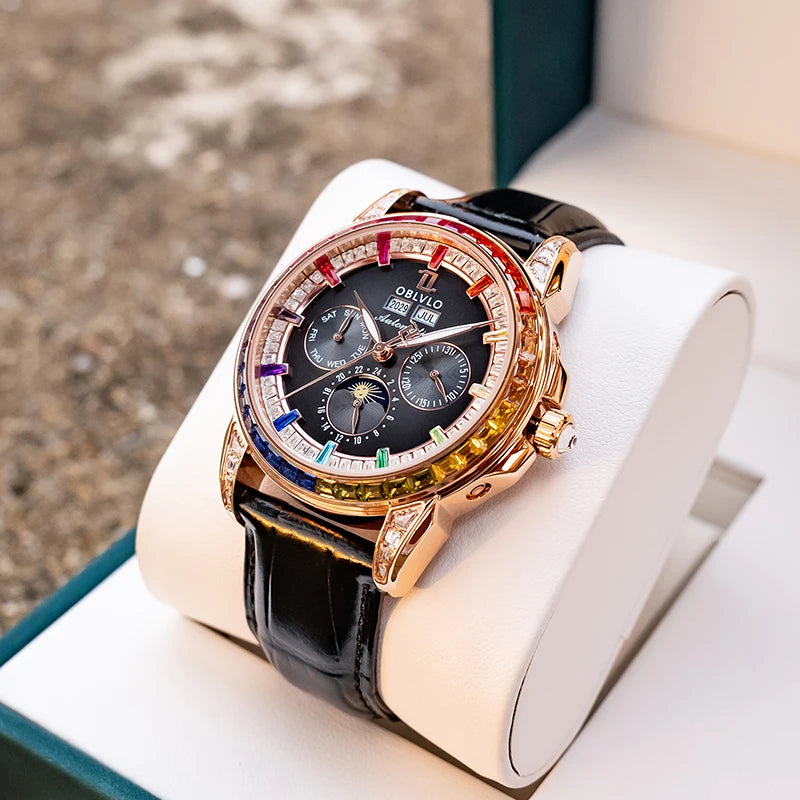 Leather Automatic Wristwatch 40mm Luminous Bezel — Chocolate Brown | KIMLUD
