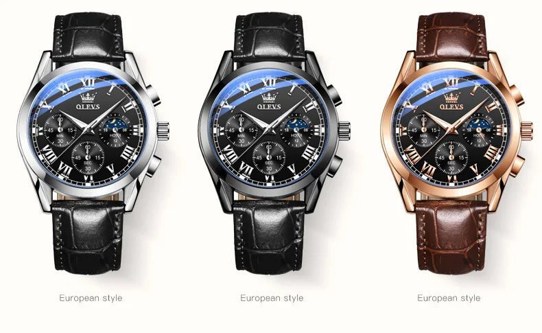 Rose-Gold Chronograph Moon Phase Watch Leather Strap — Black | KIMLUD
