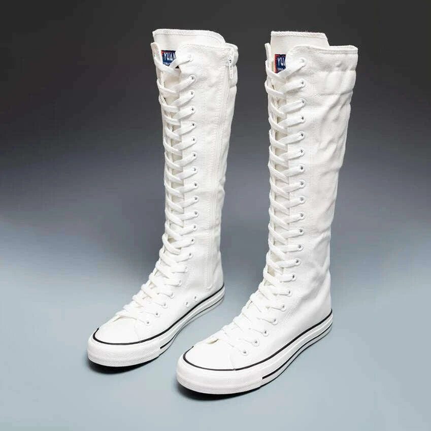 KIMLUD, Canvas Long Boots for Women High Top Women Canvas Shoes Lace Up Knee High Boots Flats Casual Vulcanized Shoes Sneakers Girls, KIMLUD Womens Clothes