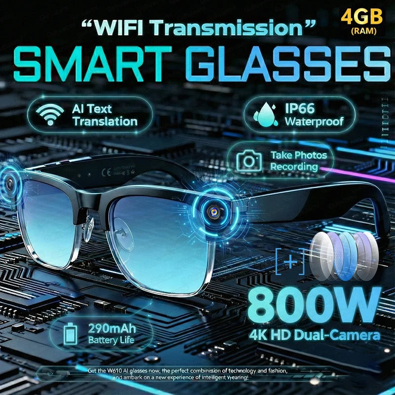 2026 New AI Smart Glasses 4K 8MP HD Camera Video 1080P 100+ Languages Translation WiFi Sunglasses Bluetooth Call Music Men Women