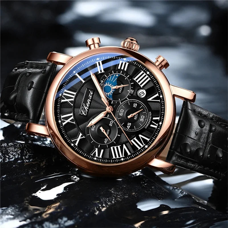 Leather Multi-Function MoonPhase Wristwatch — Black | KIMLUD