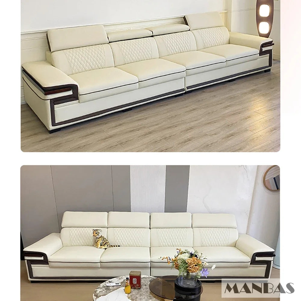 Genuine Italian Leather Sofa Set With Adjustable Headrests — Ivory | KIMLUD