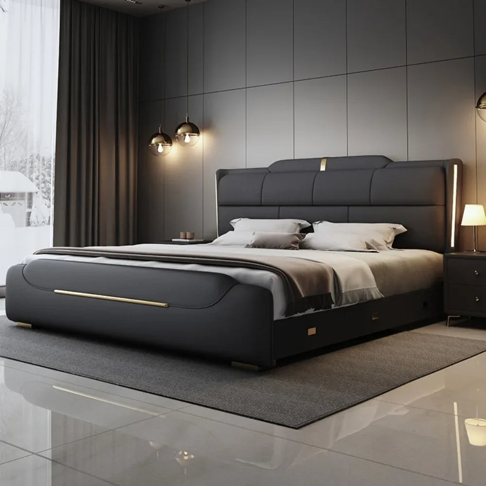 180x200cm Italian light luxury double storage bed layer cowhide three drawers Carbon steel leg camas de casal bedroom furniture