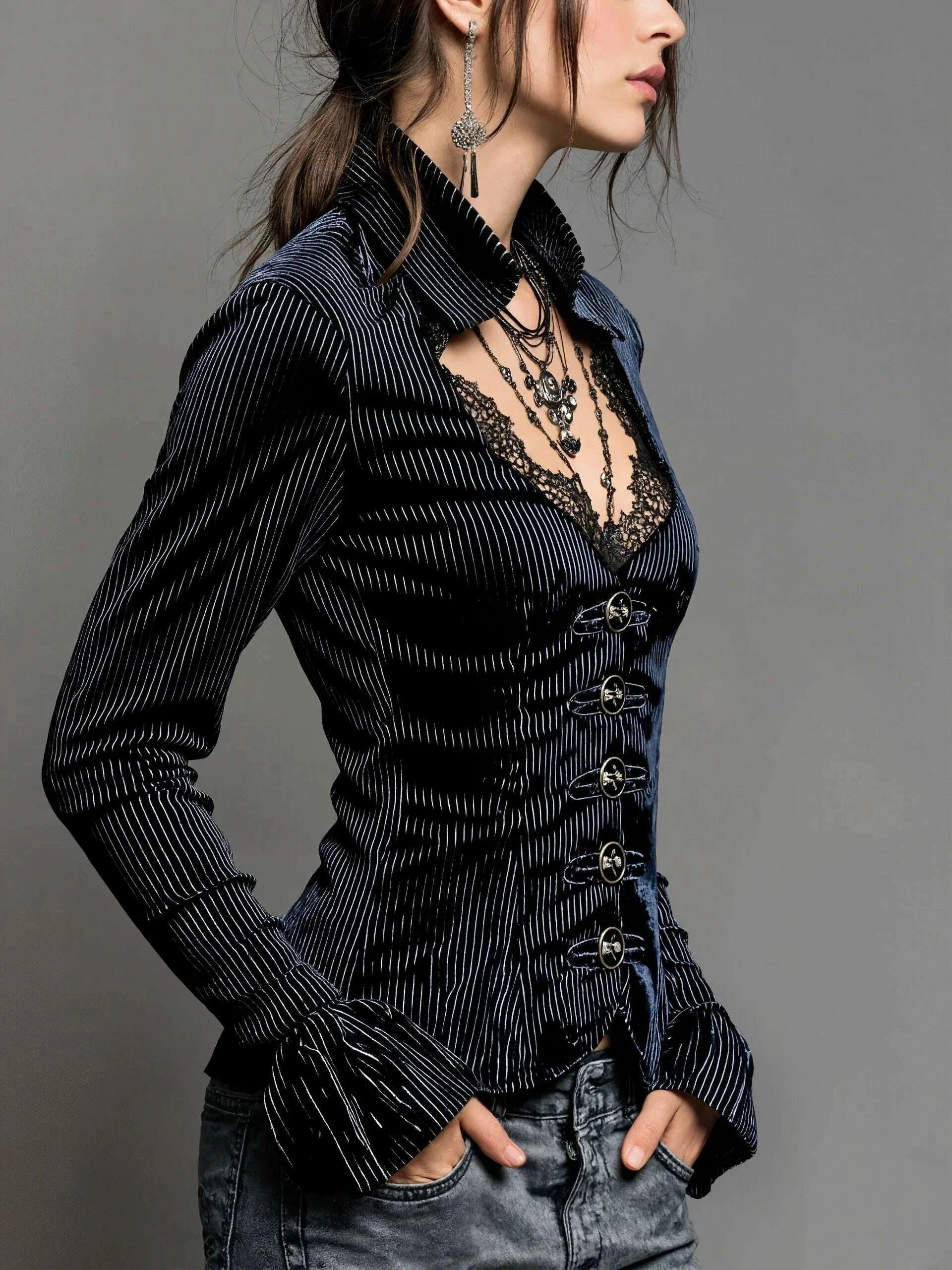 KIMLUD, Women's Gothic Black Striped Blouse Lace Trim V Neck Long Bell Sleeve Button Front Shirt Vintage Punk Party Tops, KIMLUD Womens Clothes