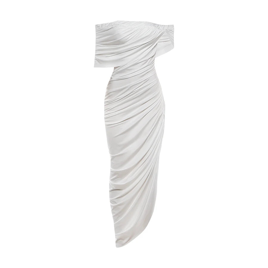 White one-shoulder ruched dress on a white background