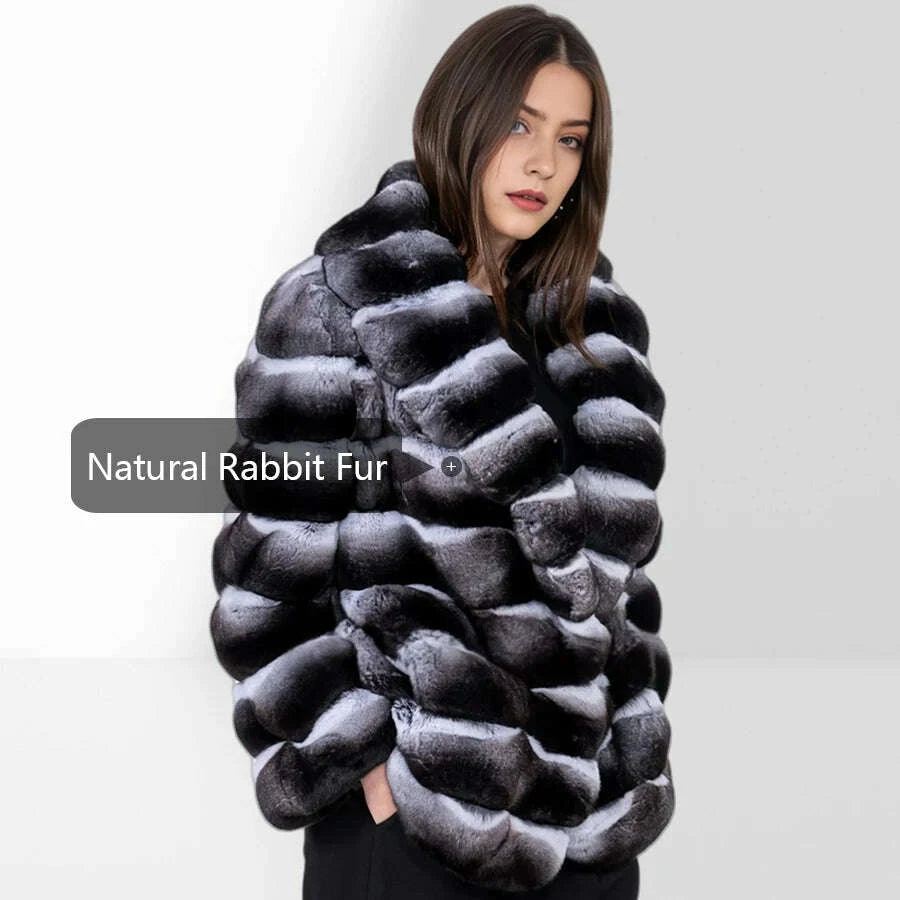 KIMLUD, Women's Winter Jacket Real Rex Rabbit Fur Jacket With Hood Chinchilla Color Fur Coat High Quality Genuine Leather Jackets, KIMLUD Womens Clothes