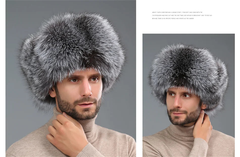 New Winter Men's 100% Real Silver Fox Fur Bomber Hat Raccoon Fur Ushanka Cap Trapper Russian Man Ski Hats Caps Real Leather Hat