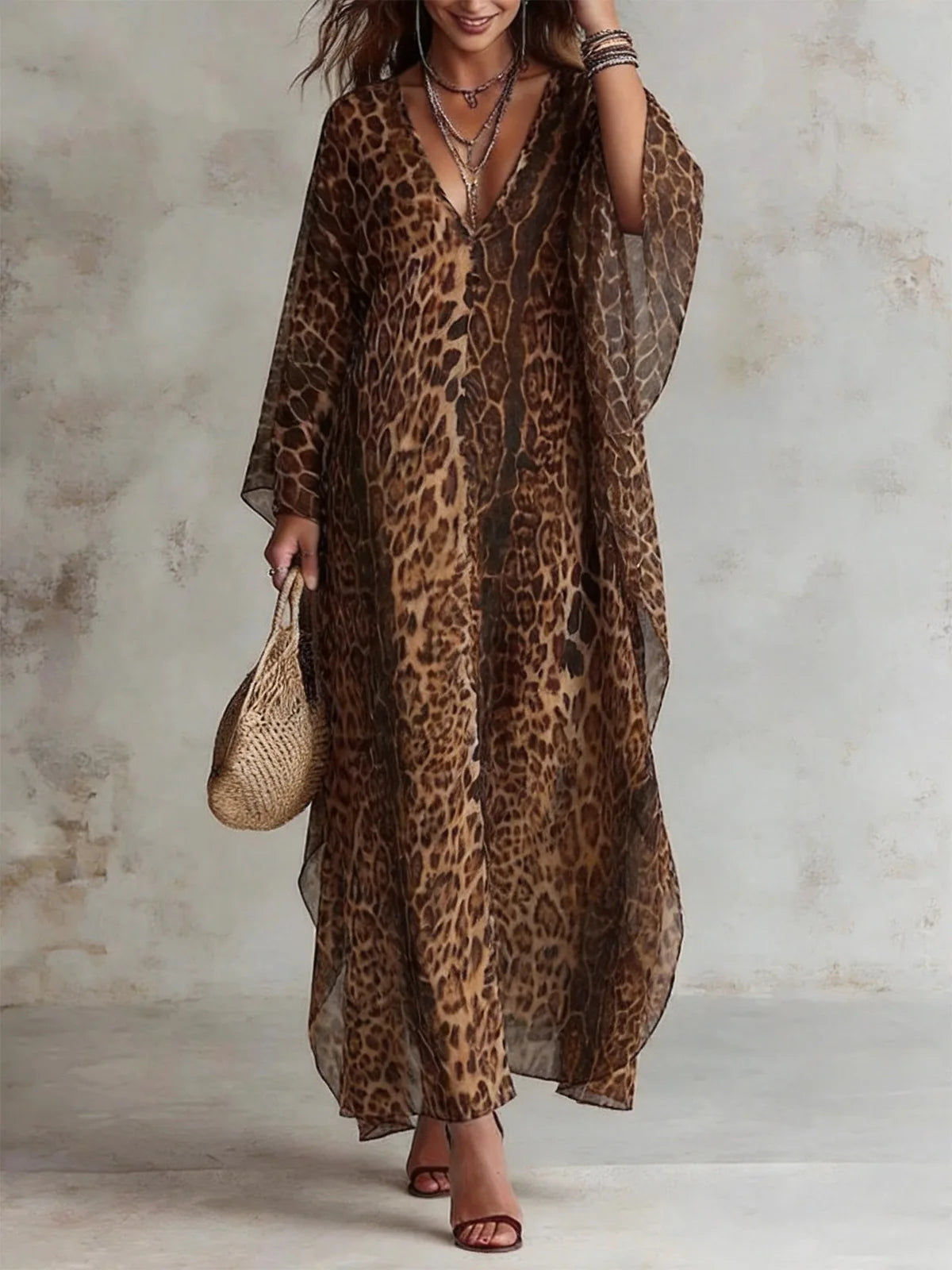 Leopard Print Maxi Dress – Deep V Neck Batwing Sleeve – Polyester | KIMLUD