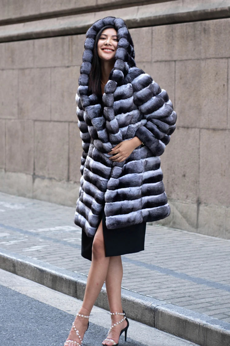 Women's fur coat winter warm mink coat casual mid-length thick hooded trench coat