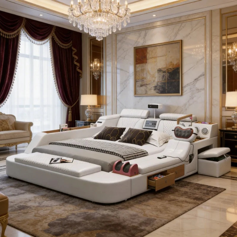 Modern Tech Smart Bed, King/Queen Size Genuine Leather Bed with Projector,USB, Speaker, Luxury Multifunction Bed, All In One Bed