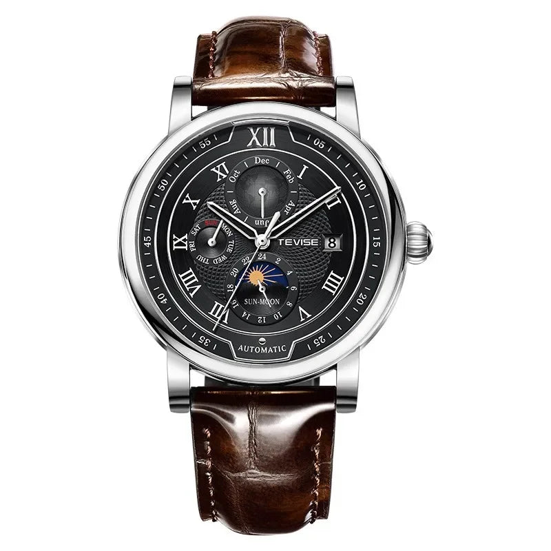 LIGE TEVISE Business Waterproof Mechanical Mens Watches Brand Luxury Leather Strap Watch for Men Moon Phase Automatic Wristwatch