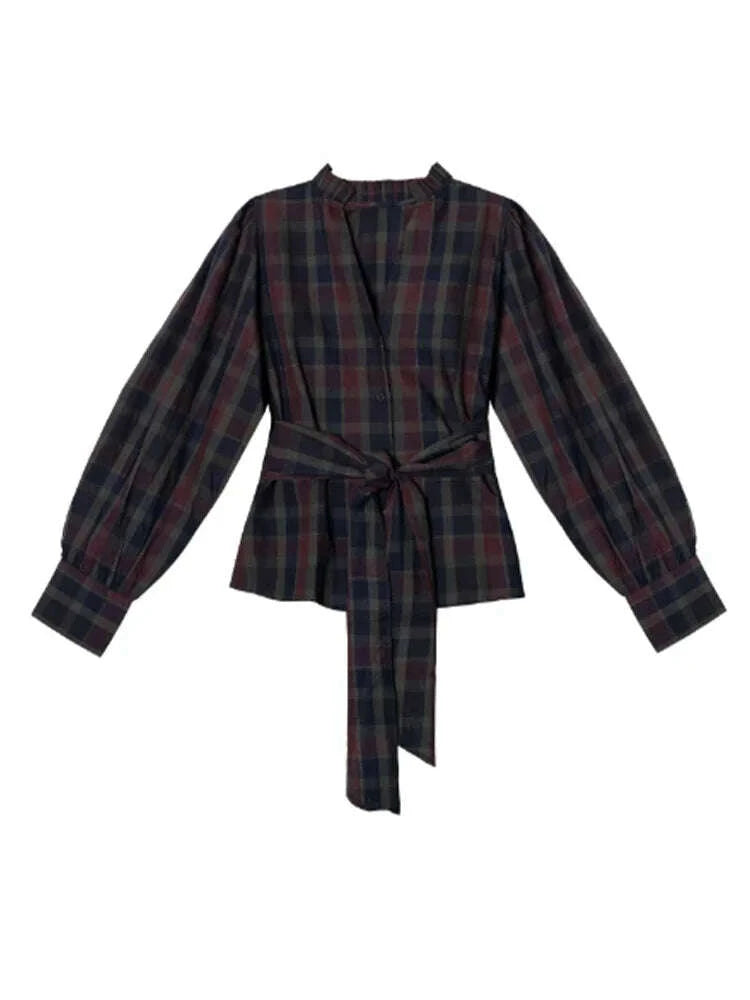 KIMLUD, Casual V-neck Checkered Lace Up Suit Women Fashion Long Lantern Sleeves Single-breasted Slim Set 2025 Lady Commute street Outfit, KIMLUD Womens Clothes