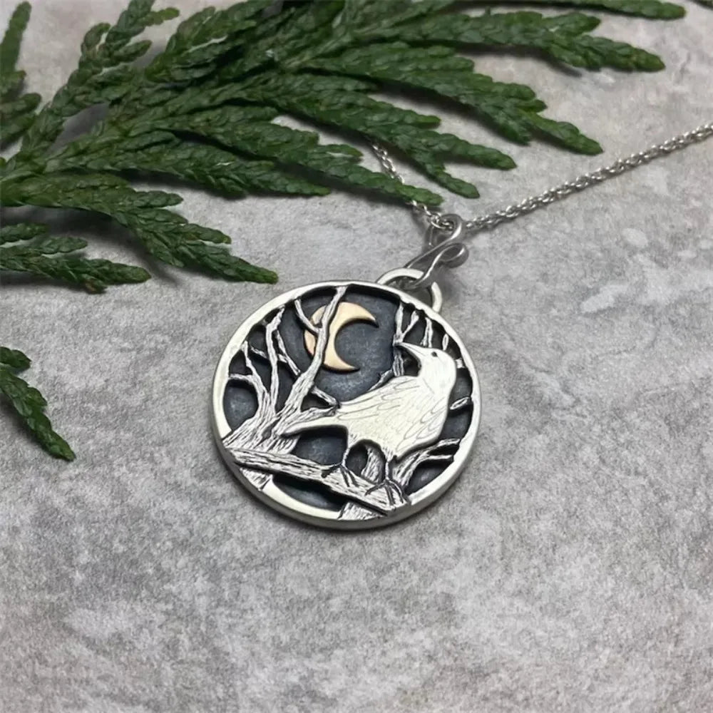 Moon Forest Branch Necklace – Crow Design – Zinc Alloy | KIMLUD