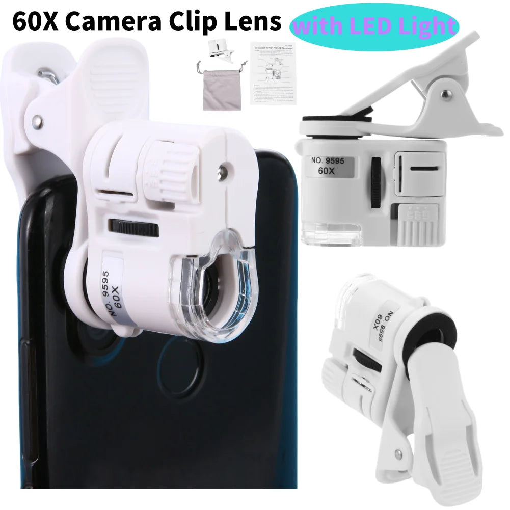 60X Mobile Phone Camera Clip Lens Mini Pocket UV/white Magnifier Portable Jeweler Microscope Loupe Used for students and learnin