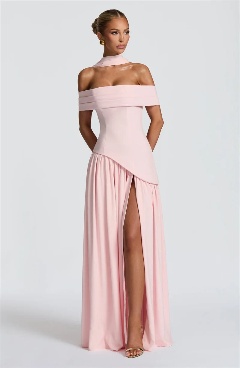Mozision Off-shoulder Backless Sexy Maxi Dress Women Fashion Strapless Sleeveless Pleated Thigh High Split Club Party Long Dress