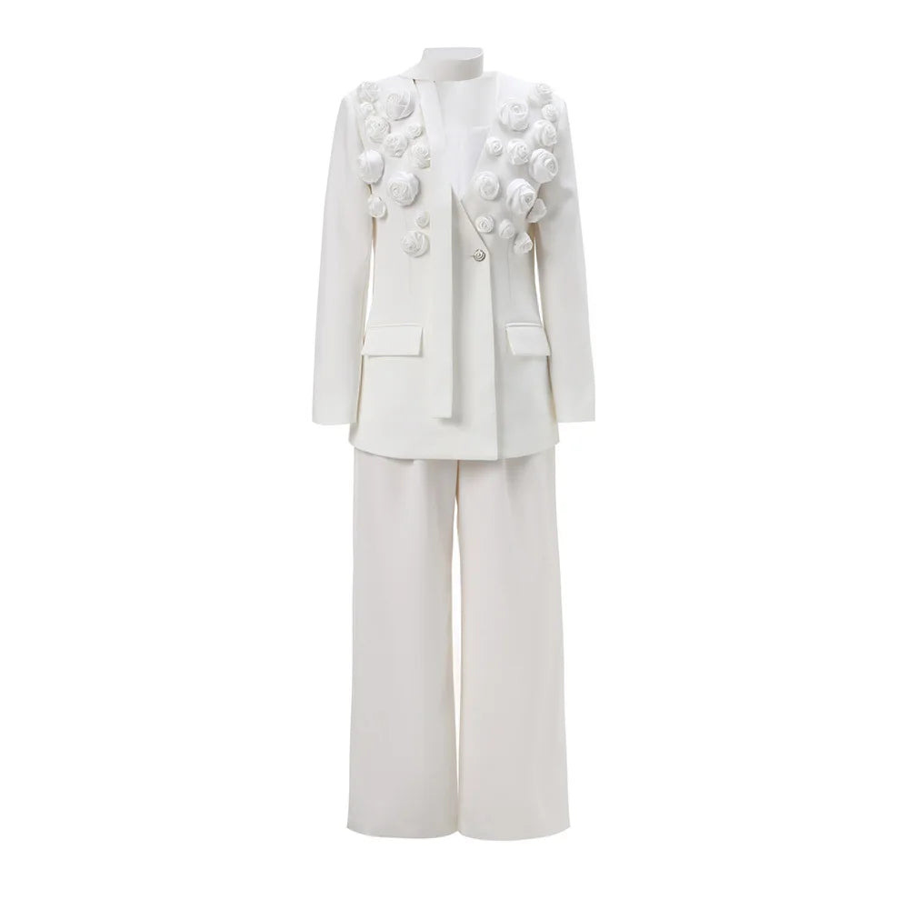 TWOTWINSTYLE Solid Two Piece Set For Women Lapel Long Sleeve Spliced Appliques Coat High Waist Wide Leg Pant Chic Sets Female