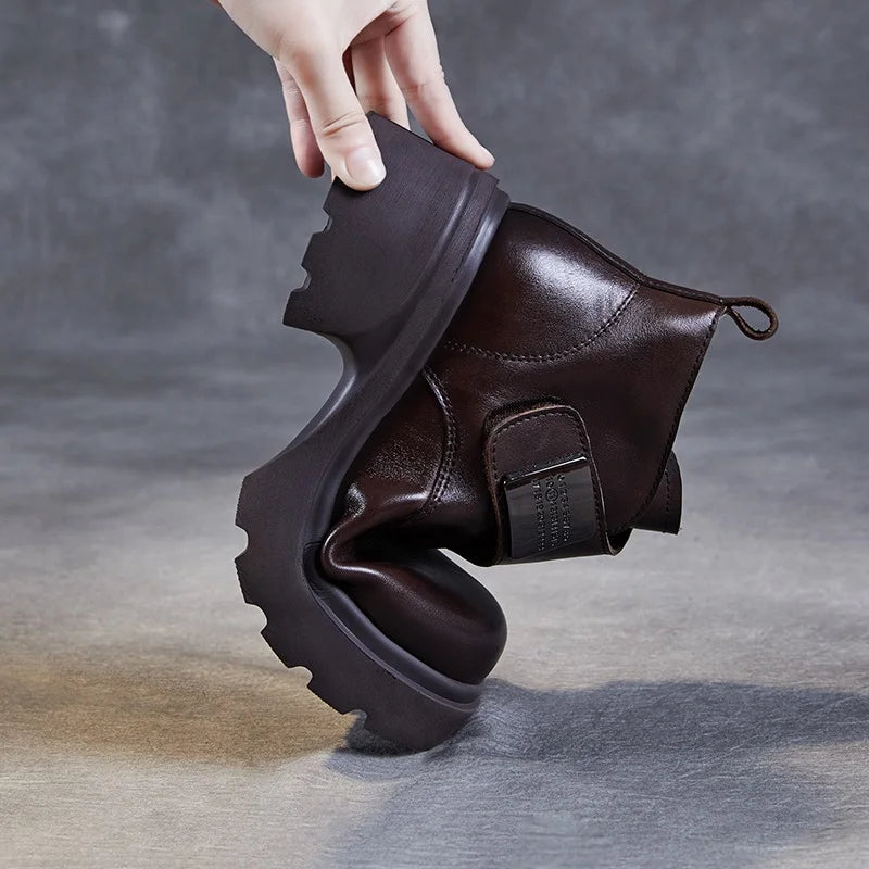 DRKANOL Wide Head Design Women Platform Boots Autumn Winter Warm Thick High Heel Hool And Loop Metal Genuine Leather Ankle Boots