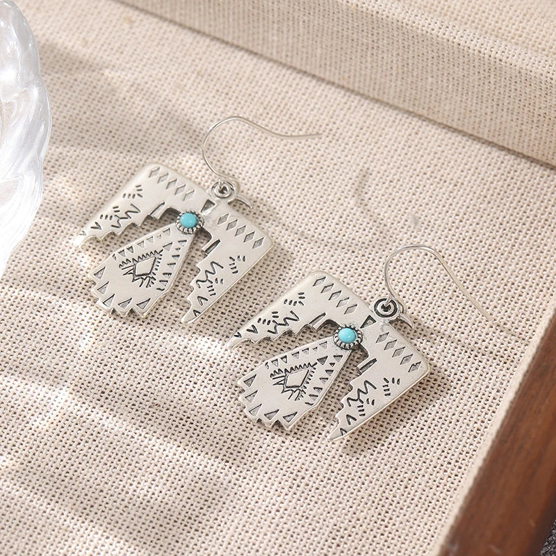 Ethnic Silver Color Imitation Turquoise Eagle Dangle Women's Earrings Geometry Party Daily Wear