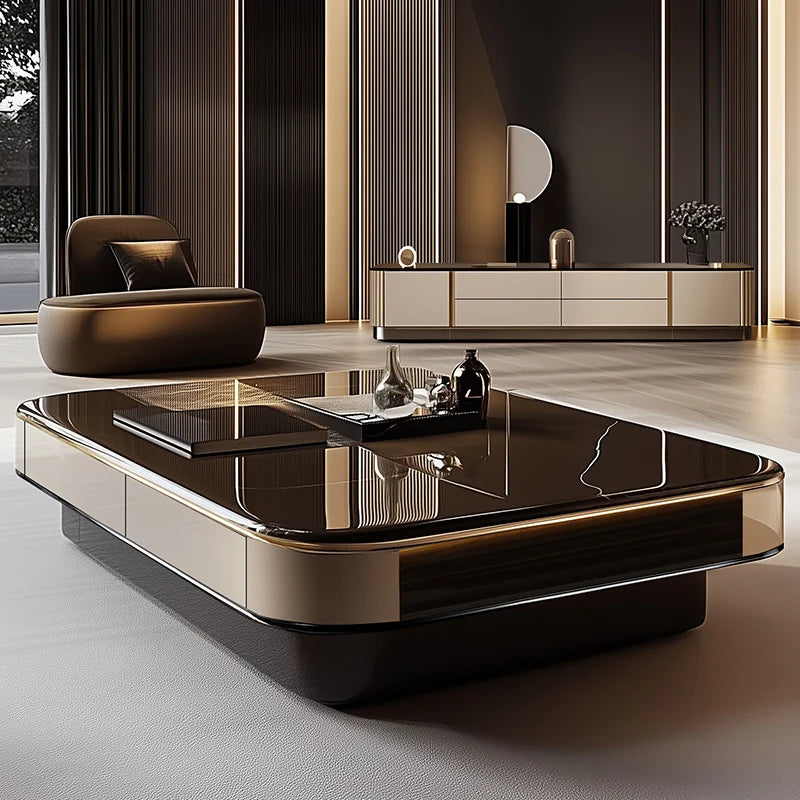 Nordic Light Luxury Coffee Table With Tempered Glass Top And Cream Wood Base — Black | KIMLUD
