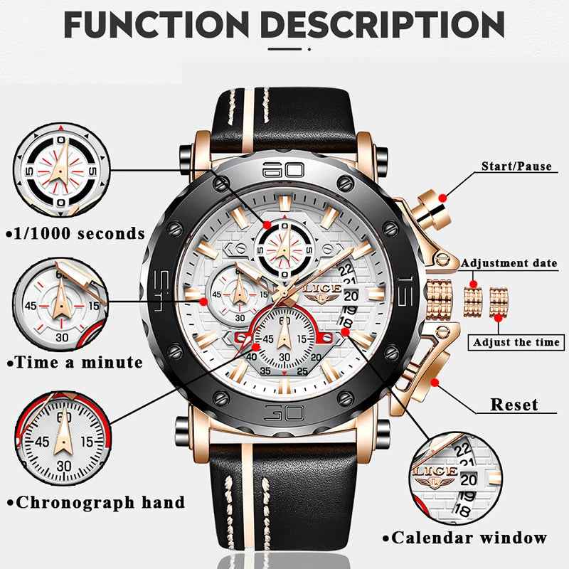 New Top Brand LIGE Mens Watches Fashion Sport Leather Watch Man Luxury Date Waterproof Quartz Chronograph Relogio Masculino+Box