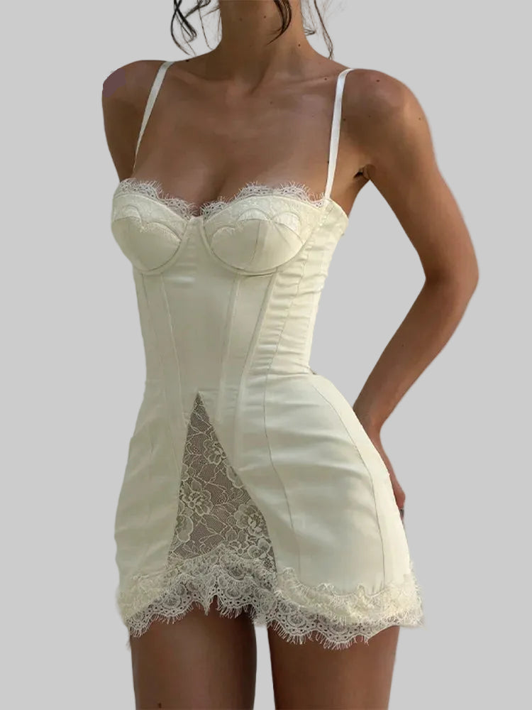 Lace Sling Satin Sheer Mini Dress — White | KIMLUD