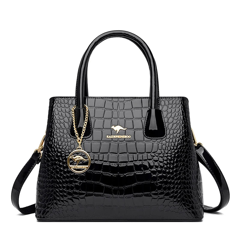 Crocodile Pattern Patent Leather Tote Bag Crossbody Zipper Closure — Black | KIMLUD