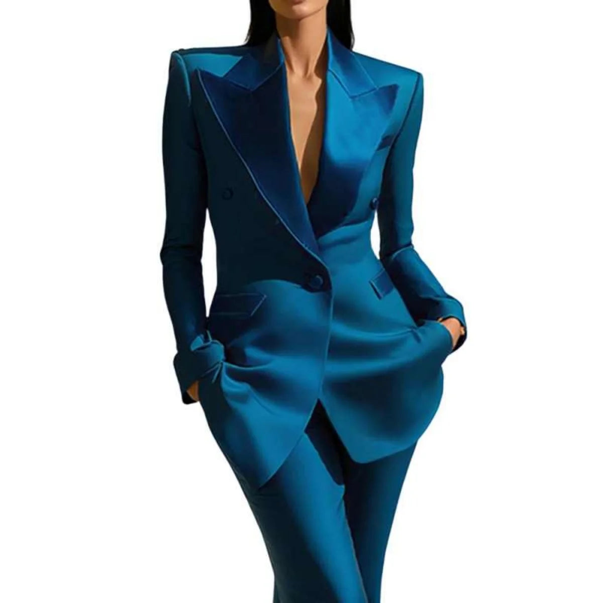 Polyester Solid Tailored Blazer Pants Set — Teal | KIMLUD