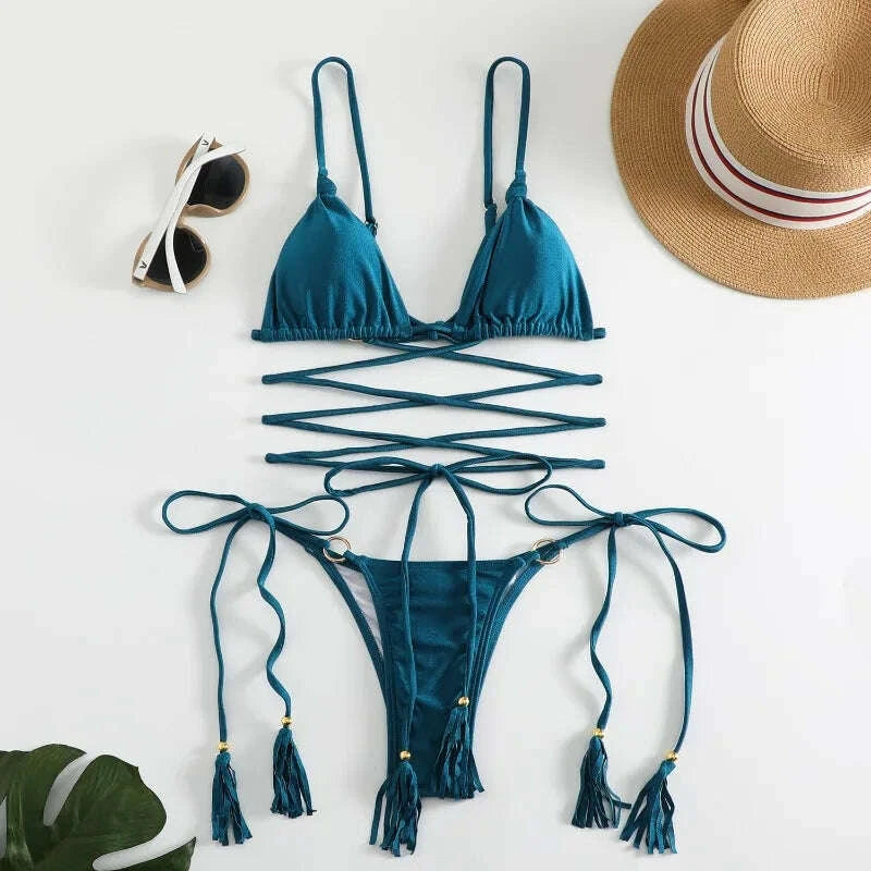 KIMLUD, 2024 Luxury Bikini Set Women Sexy Swimsuit High Cut Bandage Bikini Set Bathing Suit With Tassels Summer Brazilian Biquini, KIMLUD Womens Clothes