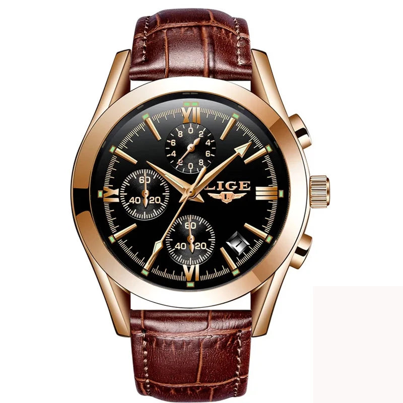 LIGE Fashion Men Watches Top Brand Luxury Military Quartz Watch for Men Business Leather Waterproof Casual Sport Chronograph New