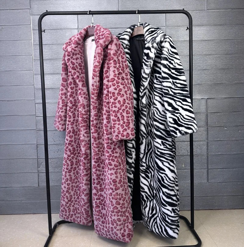 Fur Coat – Faux Rabbit Hair – Leopard Print Overcoat X-Long | KIMLUD